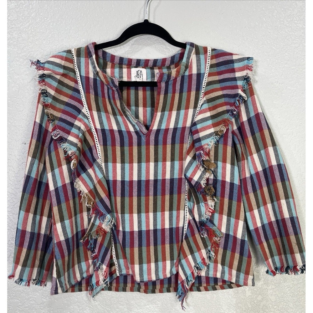 dRA‎ Los Angeles Plaid Top Women M Multi-color Ruffle Fringe Boho Cottage Shabby